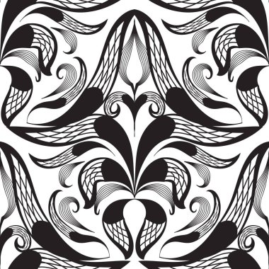 Damasko siyah beyaz dekoratif seamless modeli. Vektör süs antika arka plan. Çiçek el dantel süsler çekilmiş. Zarif tasarım. Kumaş, kumaş, yazdırma için tek renkli şablonu.