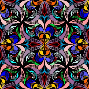 Çiçek renkli desenli vektör seamless modeli. Süs parlak arka plan. El çizilmiş dantel desenli çiçekler, yapraklar, kıvrımlar, satırları. Güzel etnik stil süsleme. Kumaş için tasarım