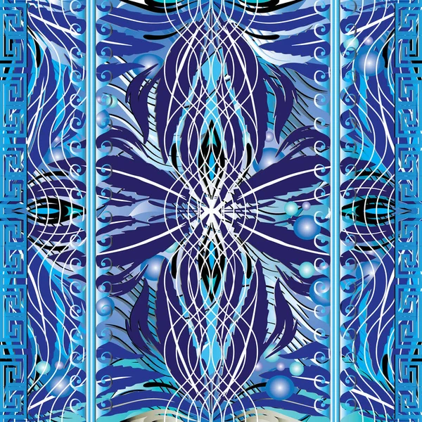 Yunan Deniz seamless modeli. Su, dalgalar, dalgalı çizgiler, dikey Yunan anahtar menderes sınırları, çiçekler, yapraklar, kabarcıkları ile mavi süs çiçek artalanları, geometrik soyut süsler. Süslü tasarım