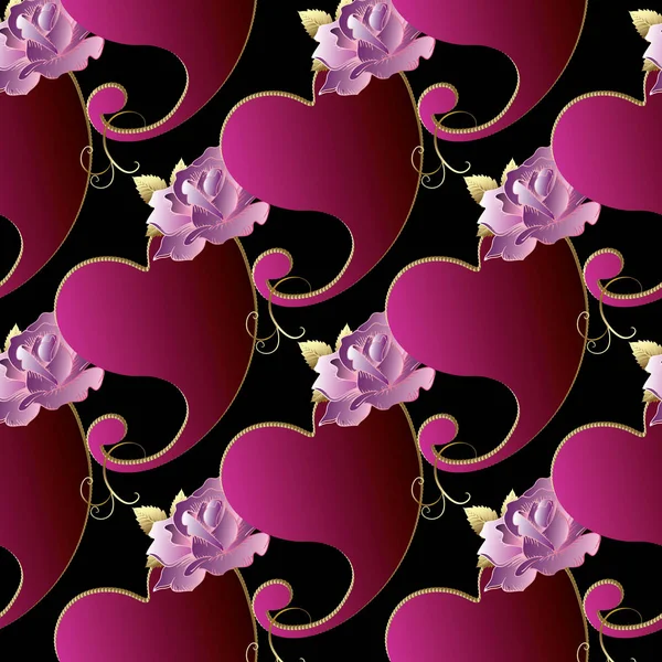 Paisleys seamless pattern. Love heart background. Roses wallpape