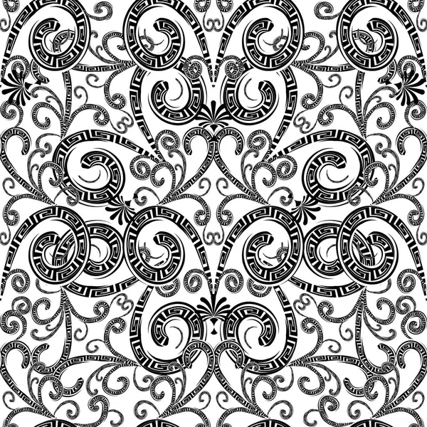 Vintage motif floral grec sans couture. Monochrome noir et blanc — Image vectorielle