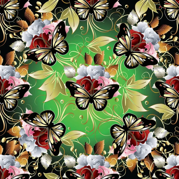 Vintage flores y mariposas inconsútil patter . — Vector de stock