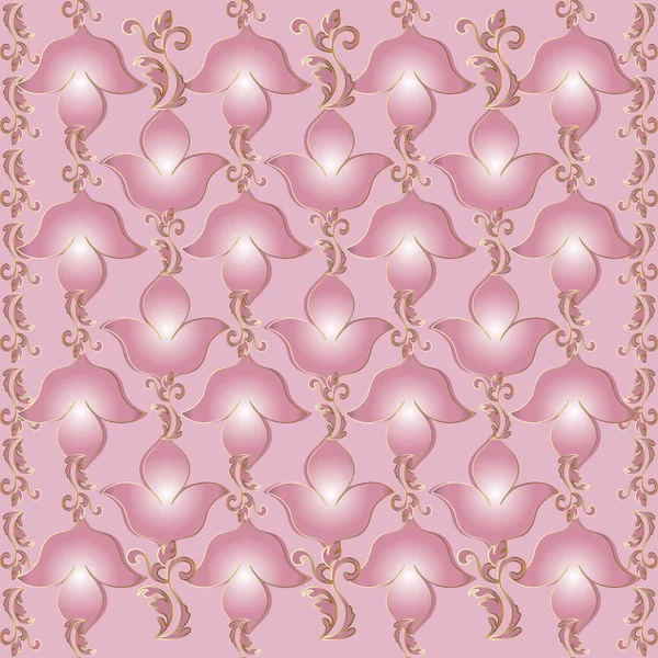 Fleurs 3d rose motif sans couture. Damassé fond. Fleur de lis — Image vectorielle
