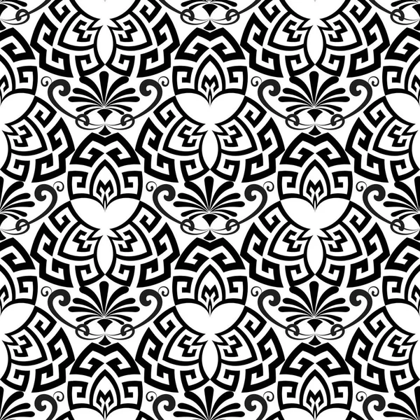 Florales ornamentales schwarz-weißes griechisches nahtloses Muster. — Stockvektor