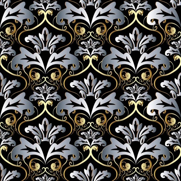 Vintage gold silver 3d Baroque seamless pattern. — Stock Vector