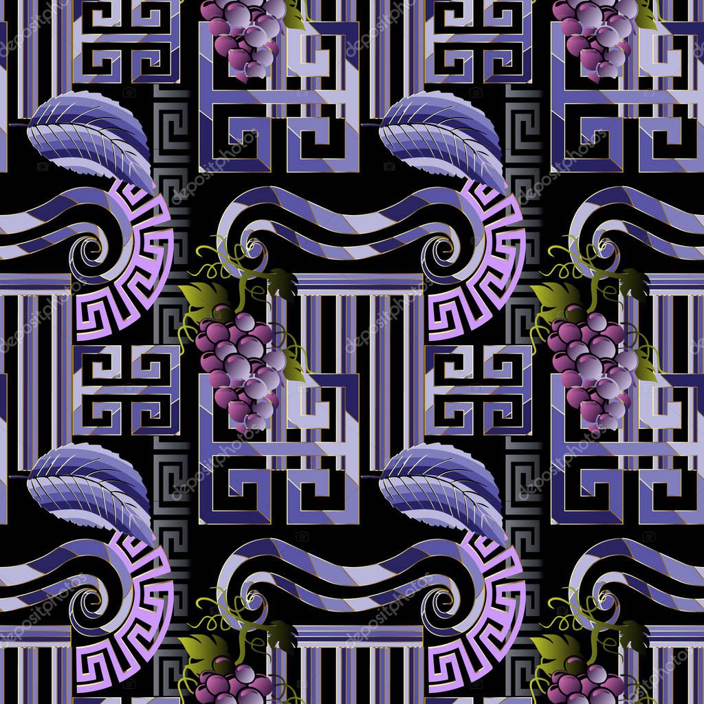 Greek decorative vector seamless pattern. Abstract 3d ornament with greek key, meanders, ancient pillar, grapes, olives, geometric shapes, leaves, branches. Ornate repeated background. Surface texture