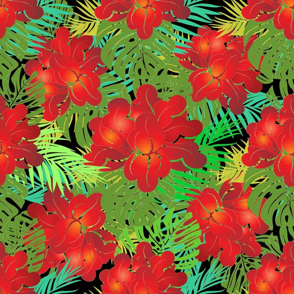 Rojo exótico tropical Flores patrón sin costura . — Vector de stock