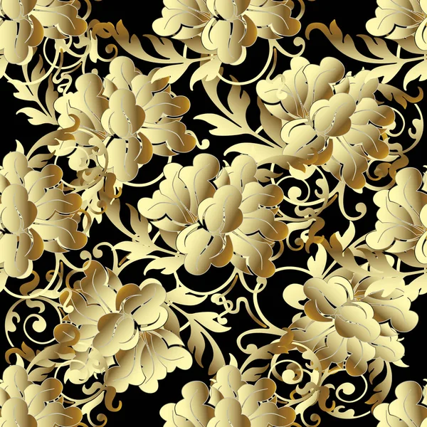 Barock-Gold 3D-Blumen nahtlose Muster. — Stockvektor