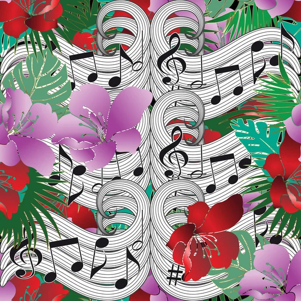 Notas de música vector floral patrón sin costura . — Vector de stock