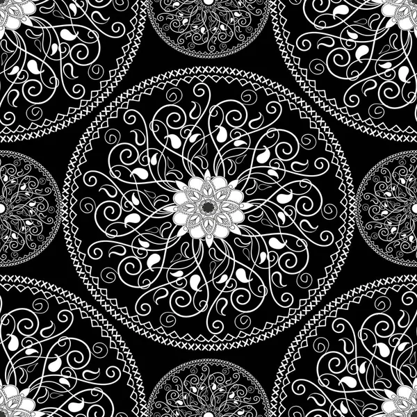 Elegance black and white paisley mandala seamless pattern. — Stock Vector