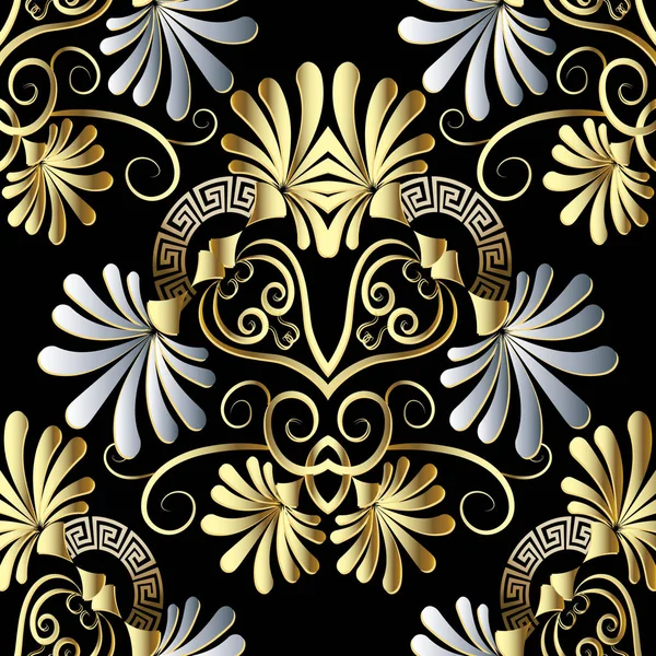 Çiçek papatya çiçekler Yunan anahtar vektör seamless modeli.