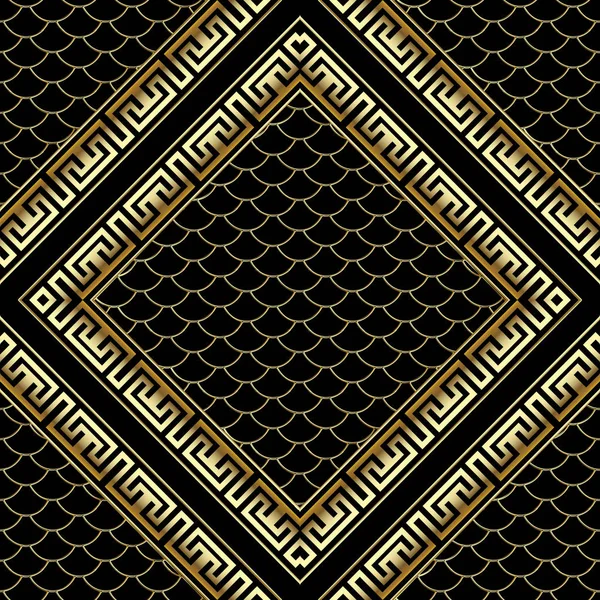 Gouden rhombus 3d Griekse belangrijke meander frames naadloze patroon. — Stockvector
