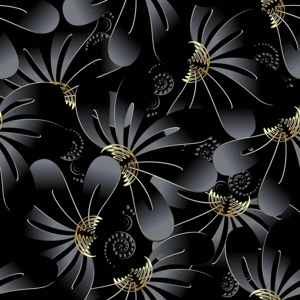 Ornado preto escuro floral 3d sem costura padrão — Vetor de Stock