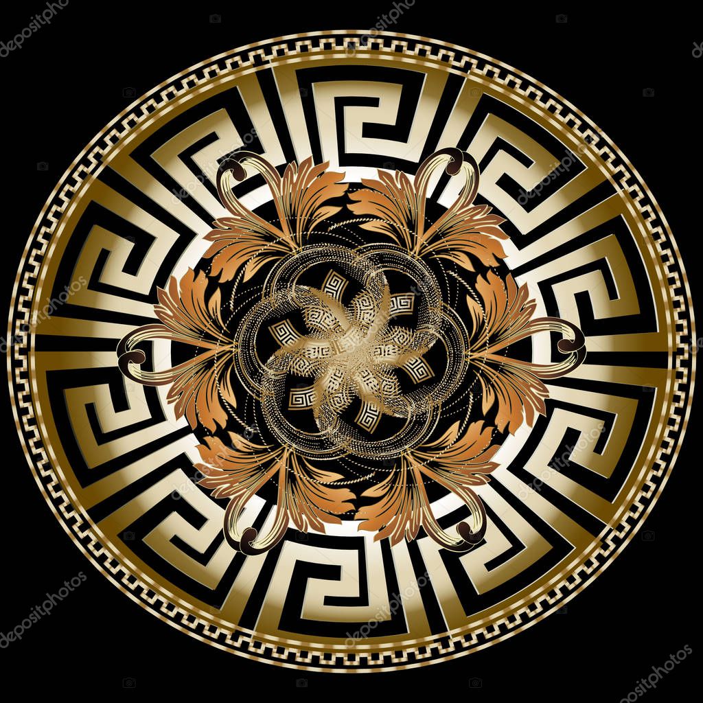 Ornate golden 3d greek vector mandala pattern with Baroque ornament. Antique style gold flowers, leaves. Ancient greek key, meanders. Modern dotted spiral halftone. Decorative elegant luxury design.