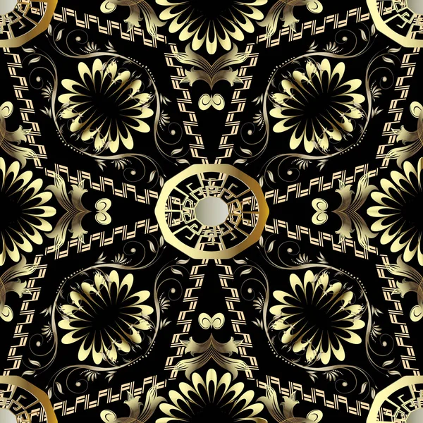 Абстрактный Цветочный Греческий Вектор Швов Черный Декоративный Геометрический Фон Золотыми — стоковый вектор
