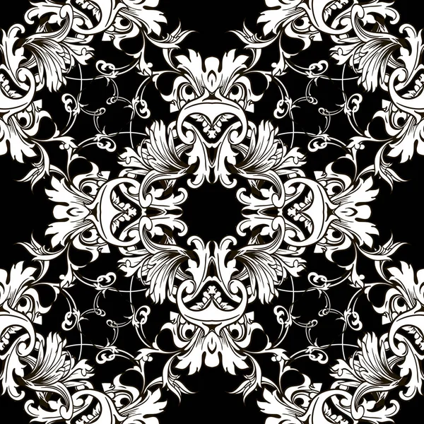 ダマスク織のバロック白と黒花のベクトルのシームレスなパターン エレガンス観賞用白黒ヴィンテージ背景 アンティークのビクトリア朝様式の古い花で飾り スクロールを残します 分離設計 — ストックベクタ
