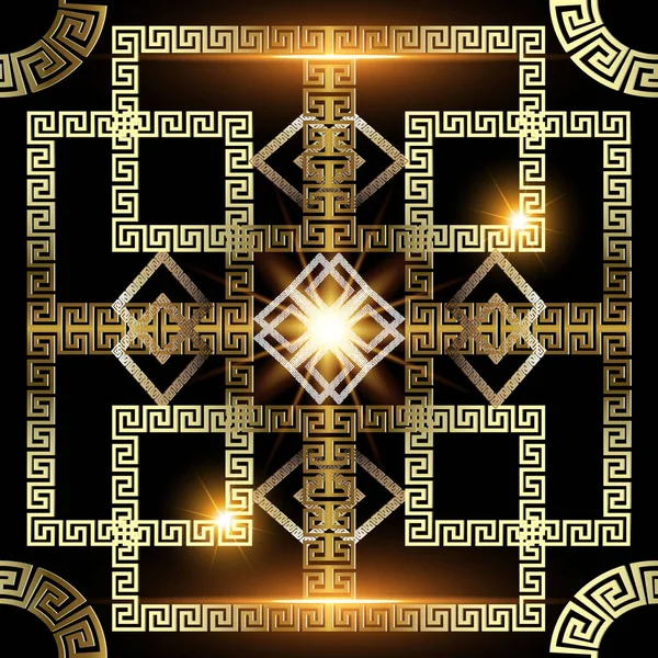 Glowing gold 3d greek vector seamless pattern. — Stock Vector