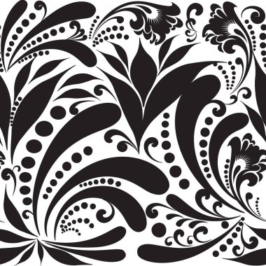 Siyah ve beyaz Paisley vektör seamless modeli. Etnik tarzı çiçek süs arka plan. Vintage el çekilmiş desenli çiçekler, yapraklar, swirls. Elegance güzel süsler. Sonsuz izole doku