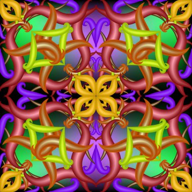 Renkli tasarlamak vektör 3d Paisley seamless modeli. Süs çiçek parlayan arka plan. Damak hat sanat oyma desenli çiçekler, yapraklar, swirls ile çizilmiş süsleme el. Parlak dekoratif tasarım