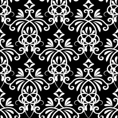 Çiçek Damask vektör seamless modeli. Süslü desenli dekoratif arka plan. Vintage şıklığı süsleme ile siyah beyaz çizgi sanat oyma desenli çiçek, yaprak, swirls. Dekoratif tasarım