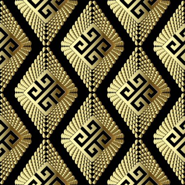 Altın geometrik 3d Yunan vektör seamless modeli. Süs dokulu geometri arka plan. Desenli yüzey rhombus noktalar ve yarı ton etkisi ile döşenmiş. Süslü Yunan anahtar menderes antik süs eşyaları
