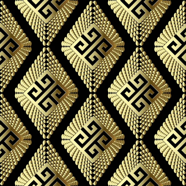 金の幾何学的な のギリシャ語ベクターのシームレスなパターン 観賞用のテクスチャ ジオメトリの背景 ドットとハーフ トーン効果パターン表面菱形を並べて表示されます 華やかなギリシャ キー蛇行古代装飾品 — ストックベクタ