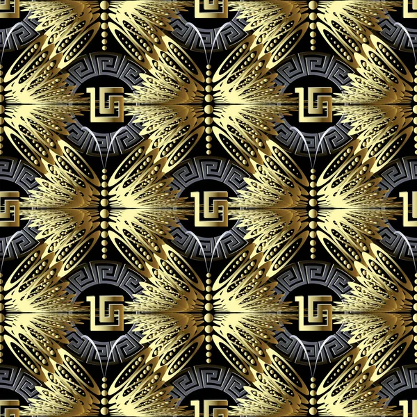 金の幾何学的な のギリシャ語ベクターのシームレスなパターン 観賞用のテクスチャ ジオメトリの背景 ドットとハーフ トーン効果パターンの抽象的な蝶を並べて表示されます 華やかなギリシャ キー蛇行飾り — ストックベクタ