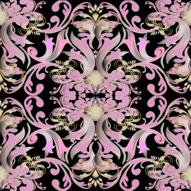 Çiçek Barok Şam vektör seamless modeli. Vintage süs arka plan. Pembe yaprakları, çiçekleri Barok Viktorya dönemi Rönesans tarzı ile güzel eski süsler. Dekoratif süslü tasarım