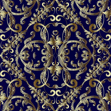 Vintage işlemeli altın Barok vektör seamless modeli. Çiçek dokulu arka plan Goblen. Antik altın çizilmiş nakış Damask süsler ver. Grunge altın çiçekler, yapraklar, kıvrımlar, kaydırır.