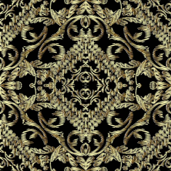 刺繍ストライプ バロック シームレス パターン ベクトル 装飾用のタペストリーの背景にテクスチャ 刺繍ゴールド ダマスク織の飾り 無限グランジ華やかなテクスチャ 装飾的な花のデザイン — ストックベクタ