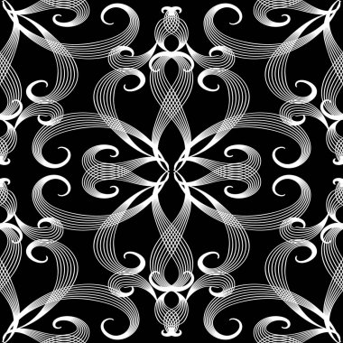 Vintage hat sanat oyma çiçek vektör seamless modeli. Siyah ve beyaz süs dantel arka plan. Elle çizilmiş zerafet Şam süsler. Güzel tasarımı ile soyut çiçek, yaprak, satırları girdap.