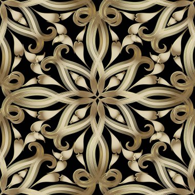 Vintage Altın 3d Paisley vektör seamless modeli. Süslü zarif dekoratif arka plan. Etnik tarzı çizilmiş desenli çiçek ver. Hat sanat oyma dekoratif süsler. Lüks tasarım için kumaş, yazdırır