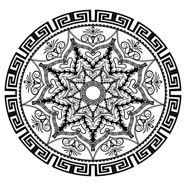 黒と白の花のギリシャ語ベクトル マンダラ パターンをラウンドします 古代の装飾用の抽象的な背景 幾何学的図形 アラビア スタイルの装飾の華やかなデザイン エレガンス レースの飾り — ストックベクタ