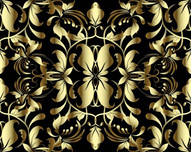Altın çiçek 3d Şam Dikişsiz desen vektör. Vintage süs süslü arka plan siyah. Dekoratif desenli tasarım. El çekilmiş altın 3d çiçekler, yapraklar, swirls, noktalar, çizgiler. Rus süsler.