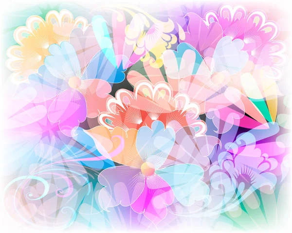 輝くカラフルな花のベクトル パネル パターン 観賞用の抽象的なエレガンスの背景 透明な美しい色とりどりの花 渦線の分岐 ロシアの装飾品 モダンなデザイン — ストックベクタ