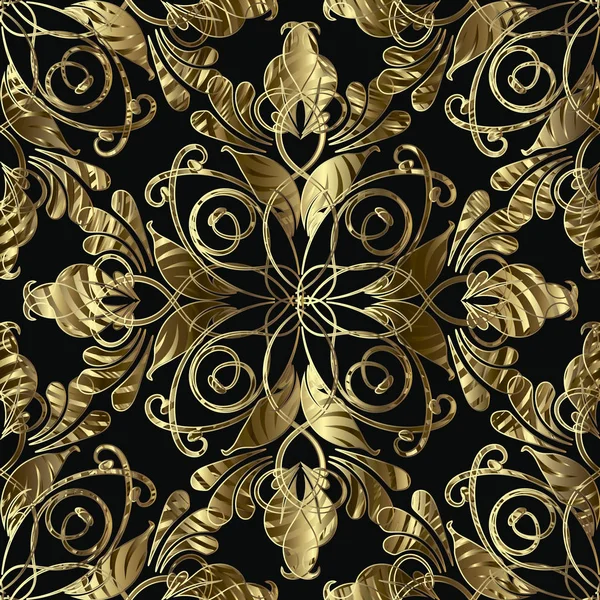 Vintage Gouden Sier Damast Vector Naadloze Patroon Sierlijke Gedessineerde Florale — Stockvector