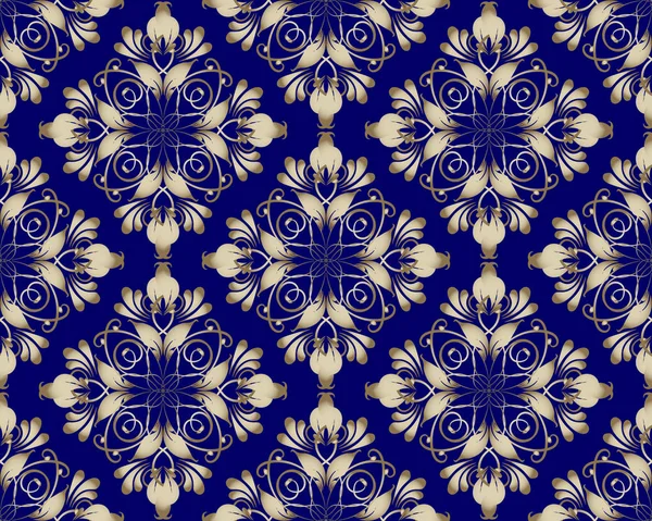 Gold Floral Damask Vector Seamless Pattern Vintage Ornamental Dark Blue — Stock Vector