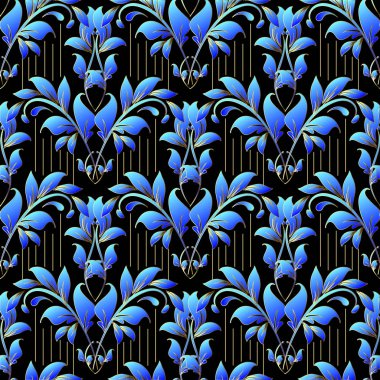 Damasko çiçek vektör 3d seamless modeli. Süs elegance arka plan çizgili. Mavi yapraklı süs. Vintage süslü çiçekler, dalları, yaprakları. Hat sanat oyma el çekilmiş tasarım. Yüzey dokusu