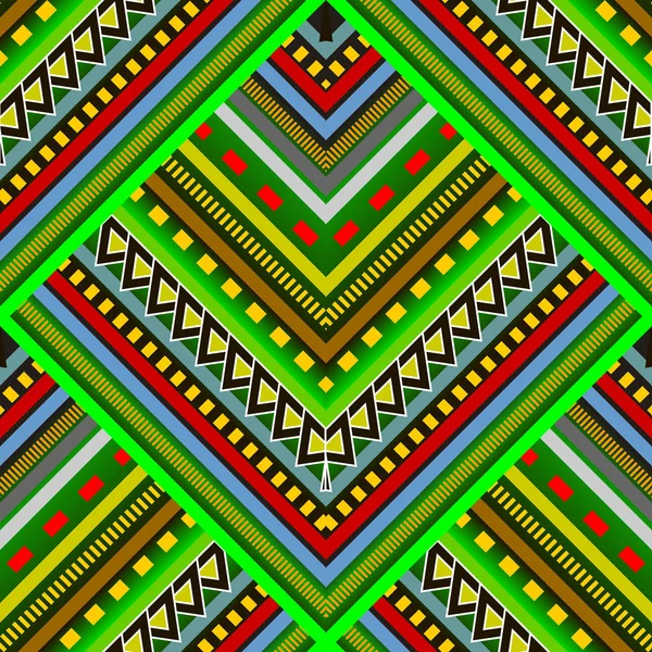 カラフルなストライプの部族ベクトル シームレス パターン 華やかな流行に敏感な背景を抽象化します 明るいパターンの幾何学的なデザイン ジグザグ ストライプ ライン 正方形 三角形と多色のタイル装飾 — ストックベクタ