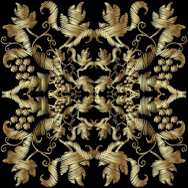 纹理绣金3D 巴洛克矢量图案 复古挂毯花卉背景 锦缎装饰品 表面纹理 装饰垃圾面板设计 — 图库矢量图片