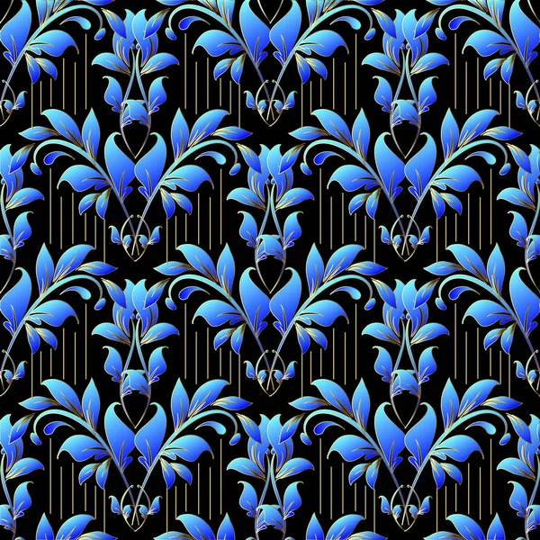 Damast Blumenvektor Nahtloses Muster Ornamentale Eleganz Gestreifter Hintergrund Blauer Blattschmuck — Stockvektor