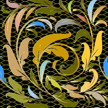 Çiçek vintage vektör seamless modeli. Renkli süs zerafet kılavuz örgü Dantel arka plan. Rönesans tarzı damasko yapraklı süs. Güzel çiçekler, yapraklar, swirls. Süslü lüks tasarım