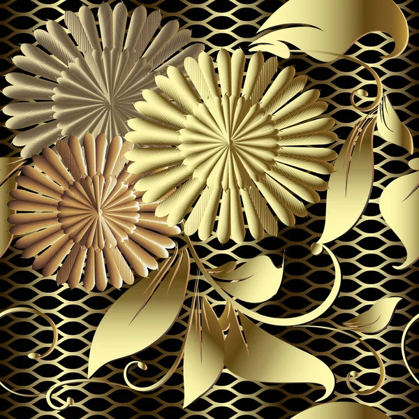 金花3D 矢量无缝图案 纹理网格背景 奢华华丽的3D 绿叶的现代金色花边饰品与复古的花朵 典雅的皇家表面纹理 — 图库矢量图片