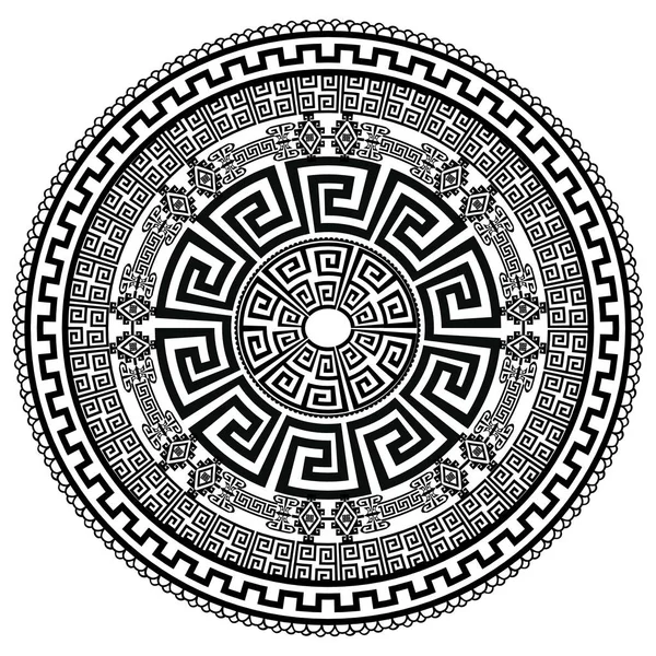 Antik yuvarlak süsleme. Vektör izole siyah menderes desen beyaz arka plan üzerinde. Antika mandala Yunan anahtar süsleme ile. Süs zengin tasarım. Grafik dekor. Geometrik soyut süslü doku