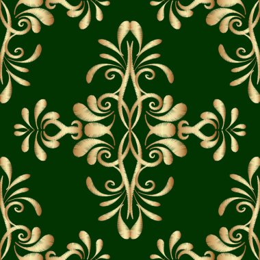 Nakış altın yeşil Şam vektör seamless modeli. Goblen süs arka plan. Etnik tarzda işlemeli süsler. Soyut grunge desenli çiçekler, yapraklar, swirls. Dokulu süslü tasarım