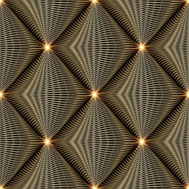 Parlak altın 3d modern vektör seamless modeli. Soyut geometrik dokulu arka plan. Çizgili kiremitli rhombus, Parlatıcı yıldız, çizgiler, eğriler, nokta. Yüzey dokusu ile süslü tasarlamak yaratıcı altın.