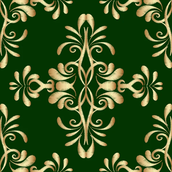 刺繍ゴールド グリーン ダマスク ベクターのシームレスなパターン タペストリー装飾的な背景 エスニック スタイルの刺繍飾り グランジ ペイズリーの花 渦巻きを抽象化します — ストックベクタ