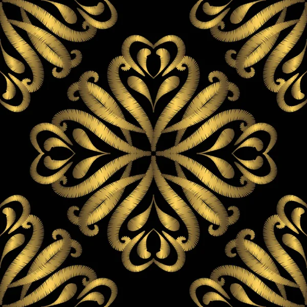 ゴールド刺繍ダマスクは シームレスなパターンをベクトルします タペストリー装飾的な背景 ビクトリア朝様式の刺繍飾り グランジ ペイズリーの花 渦巻きを抽象化します 質感の華やかなデザイン — ストックベクタ