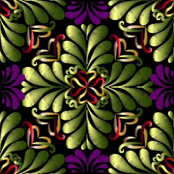 Broderie Vecteur Floral Vert Motif Sans Couture Tapisserie Ornementale Fond — Image vectorielle