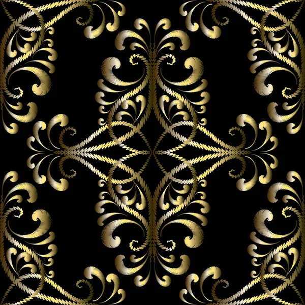 刺繍ゴールド ヴィンテージ ベクターのシームレスなパターン 観賞用の花の背景をタペストリーします 刺繍ダマスクをオーナメントします グランジ ペイズリーの花 渦巻きを抽象化します 質感の華やかなデザイン — ストックベクタ